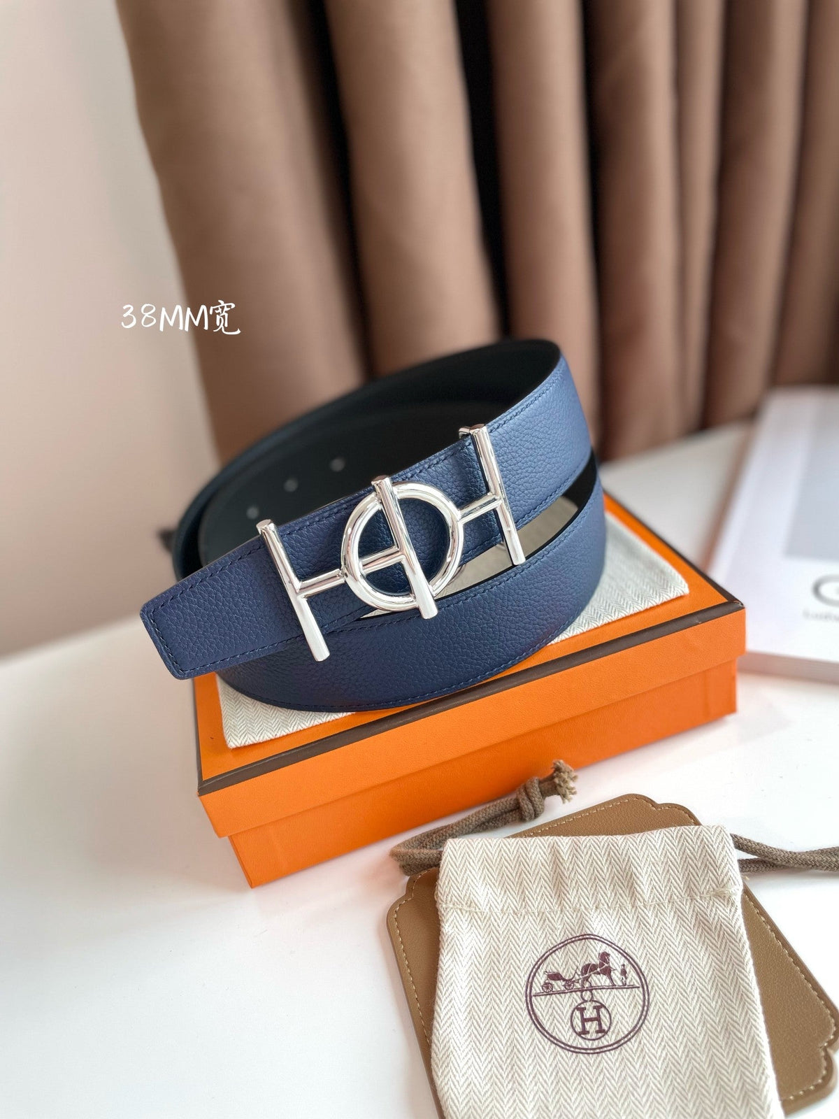 HERMES ULYSSE BELT BUCKLE & REVERSIBLE NAVY BLUE LEATHER STRAP 38MM SILVER HARDWARE