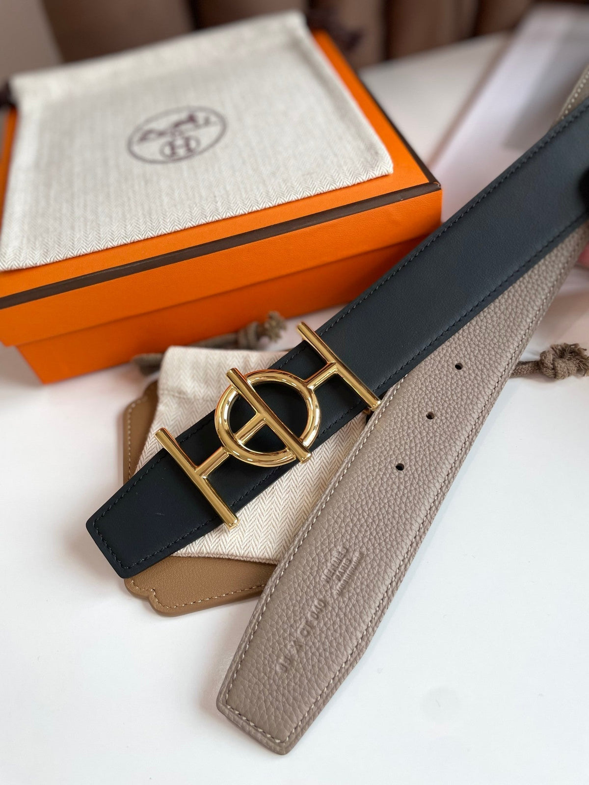 HERMES ULYSSE BELT BUCKLE & REVERSIBLE KHAKI BROWN LEATHER STRAP 38MM GOLD HARDWARE