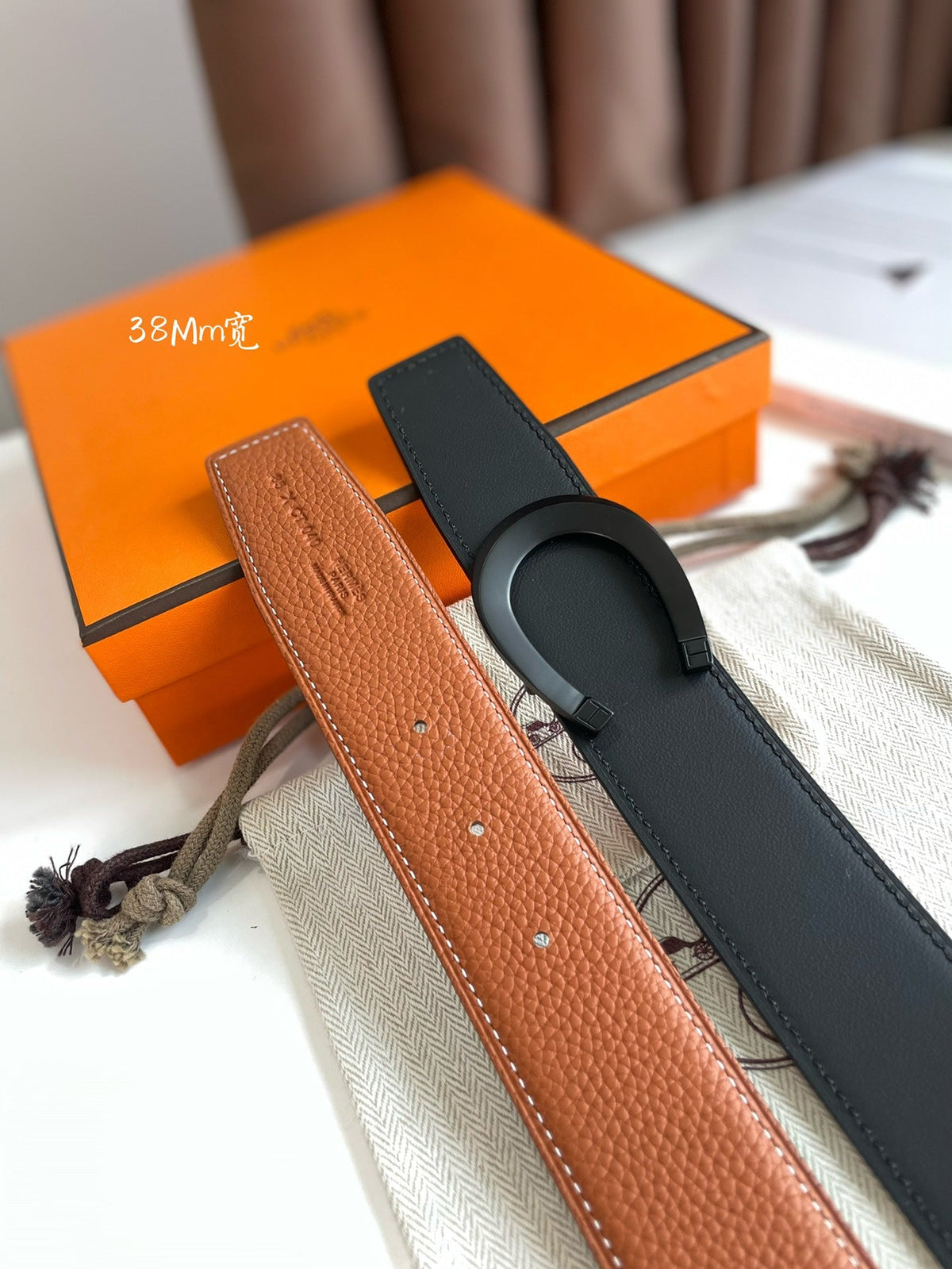 HERMES LUCK BELT BUCKLE & REVERSIBLE GINGER ORANGE AND BLACK LEATHER STRAP 38MM