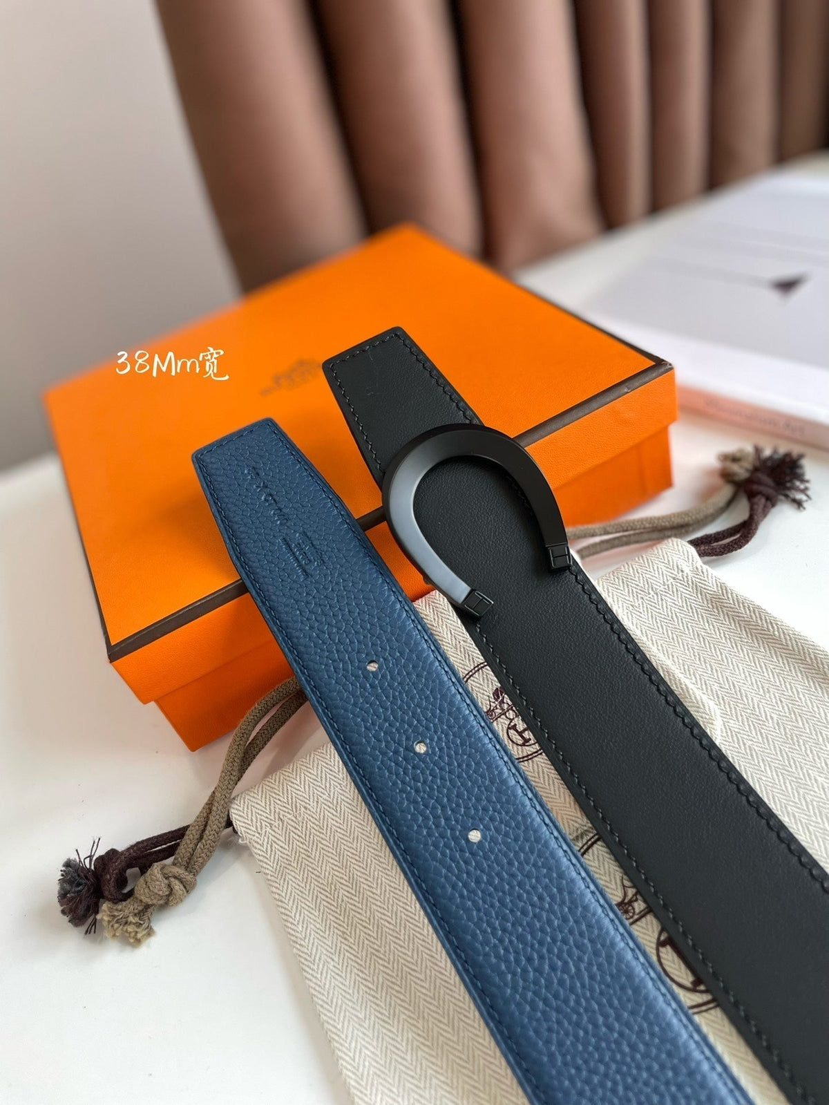 HERMES LUCK BELT BUCKLE & REVERSIBLE NAVY BLUE LEATHER STRAP 38MM BLACK HARDWARE