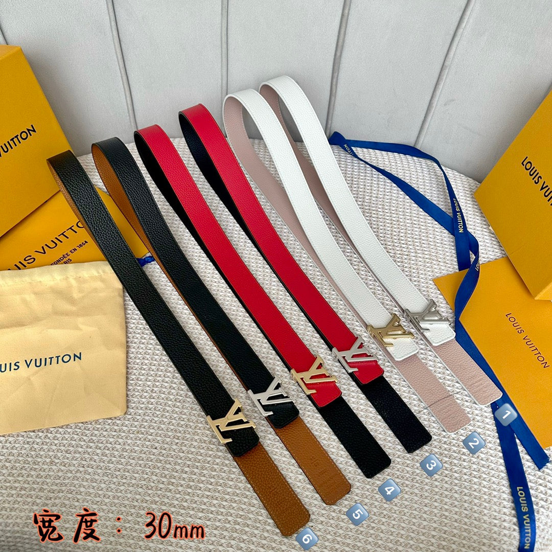 LOUIS VUITTON LV 30 MM BELTS IN BLACK AND CHERRY RED CALFSKIN SILVER HARDWARE