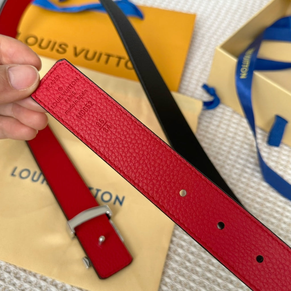 LOUIS VUITTON LV Initiales 30mm Reversible Belt Silver Buckle Red Black Leather