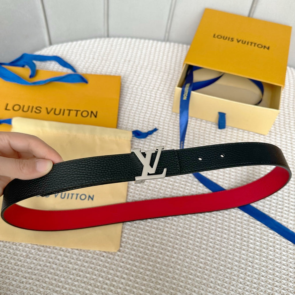 LOUIS VUITTON LV 30 MM BELTS IN BLACK AND CHERRY RED CALFSKIN SILVER HARDWARE