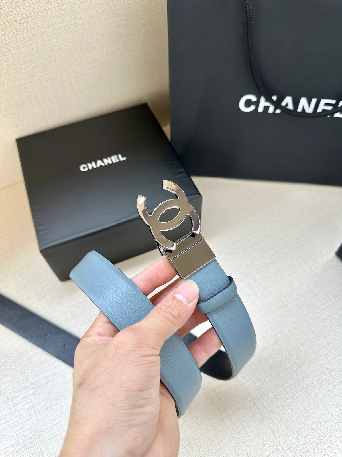 CHANEL 30MM BELT IN STONE BLUE AND BLACK CALFSKIN WITH SILVER HARDWARE