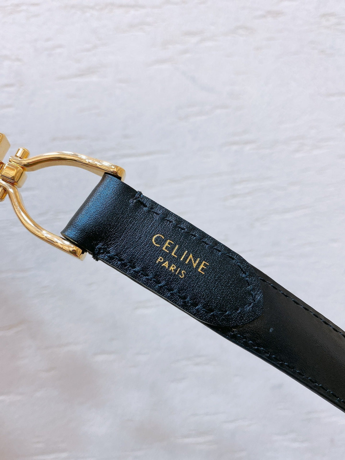 CELINE Hook & Loop 20mm TRIOMPHE Logo Square Adjustable Belt Black Calfskin Ghw