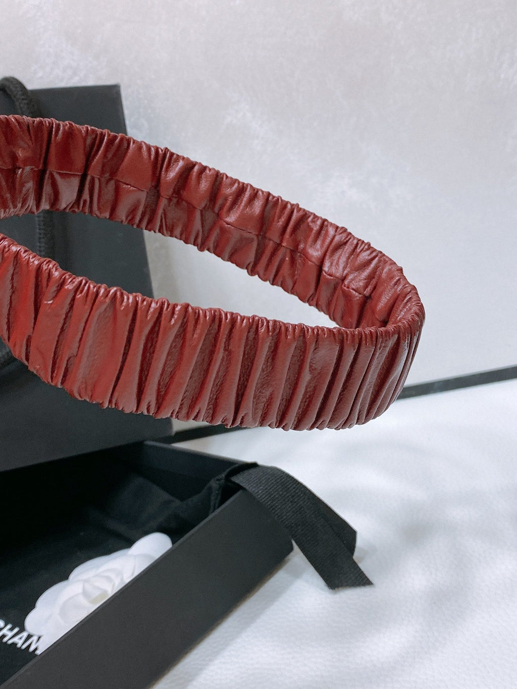 CHANEL ELASTIC BELT 30MM IN WINE RED CALFSKIN SILVER HARDWARE WITH RHINSTONES