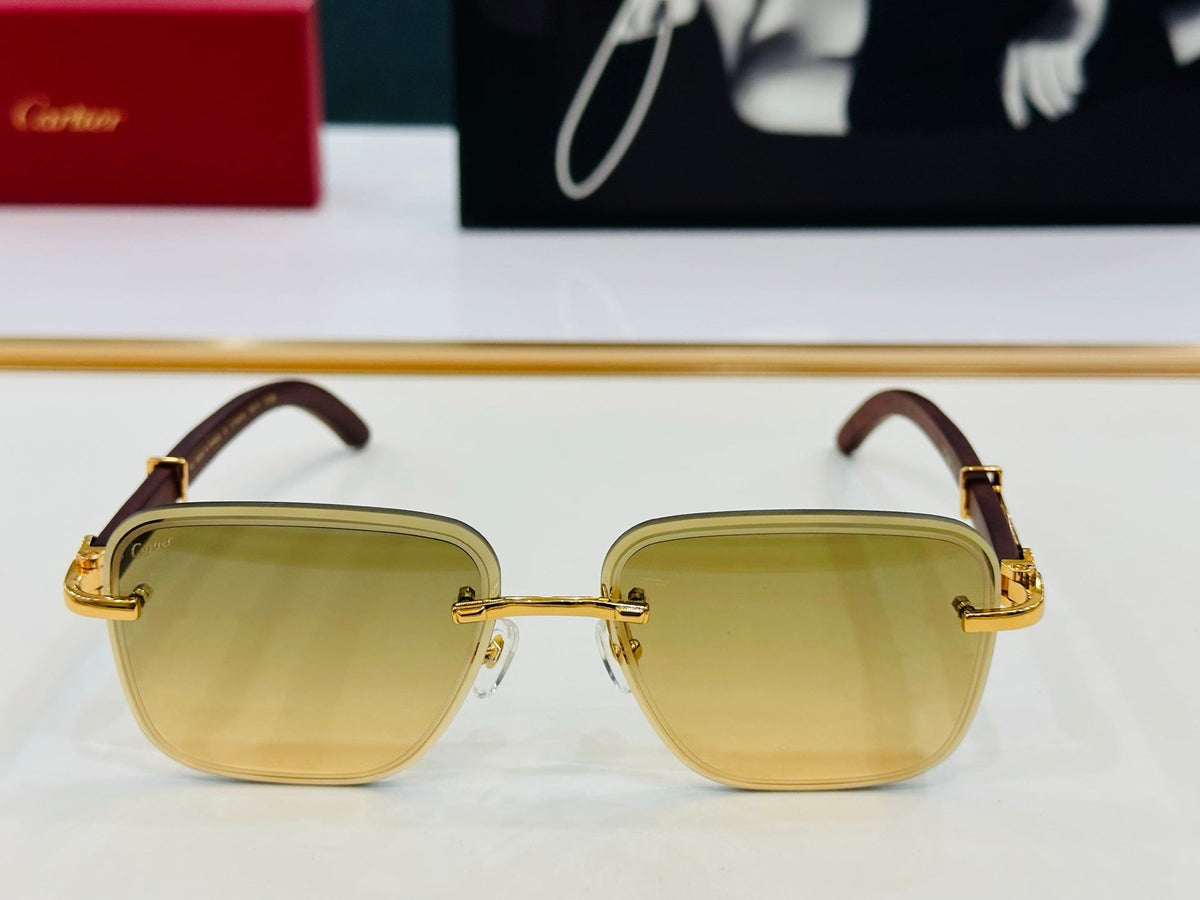 CARTIER RIMLESS RECTANGULAR FRAME SUNGLASSES CT0607S IN METAL AND WOODEN