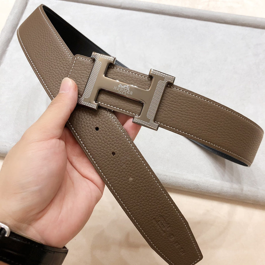 HERMES H D'ANCRE BELT BUCKLE & REVERSIBLE COFFEE BROWN LEATHER STRAP 38 MM SILVER HARDWARE