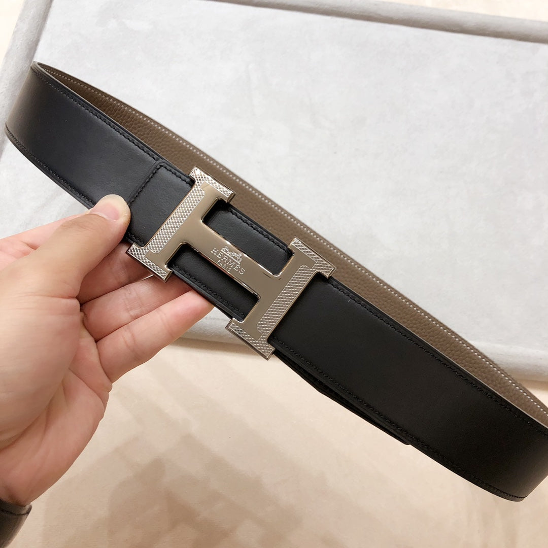 HERMES H D'ANCRE BELT BUCKLE & REVERSIBLE COFFEE BROWN LEATHER STRAP 38 MM SILVER HARDWARE