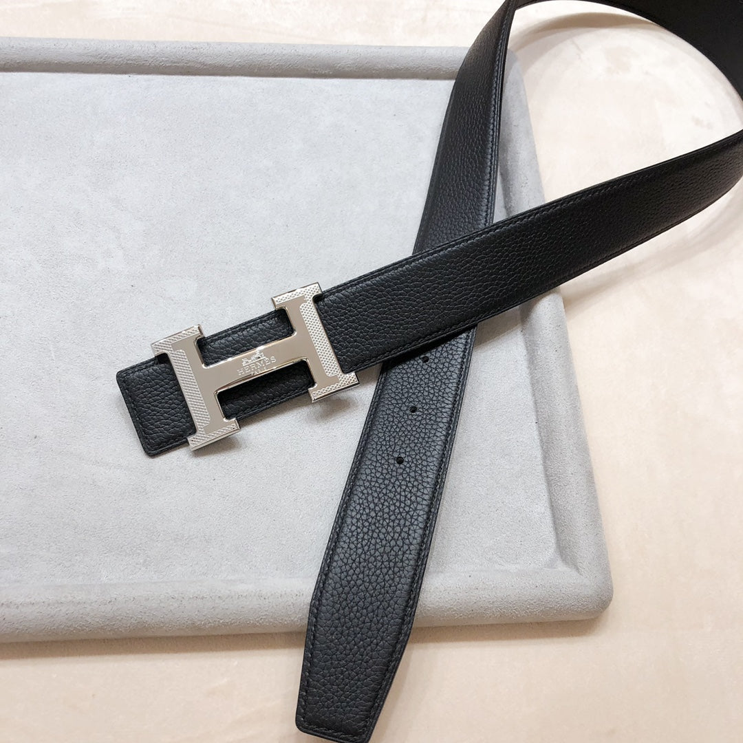 HERMES H D'ANCRE BELT BUCKLE & REVERSIBLE BLACK LEATHER STRAP 38 MM SILVER HARDWARE
