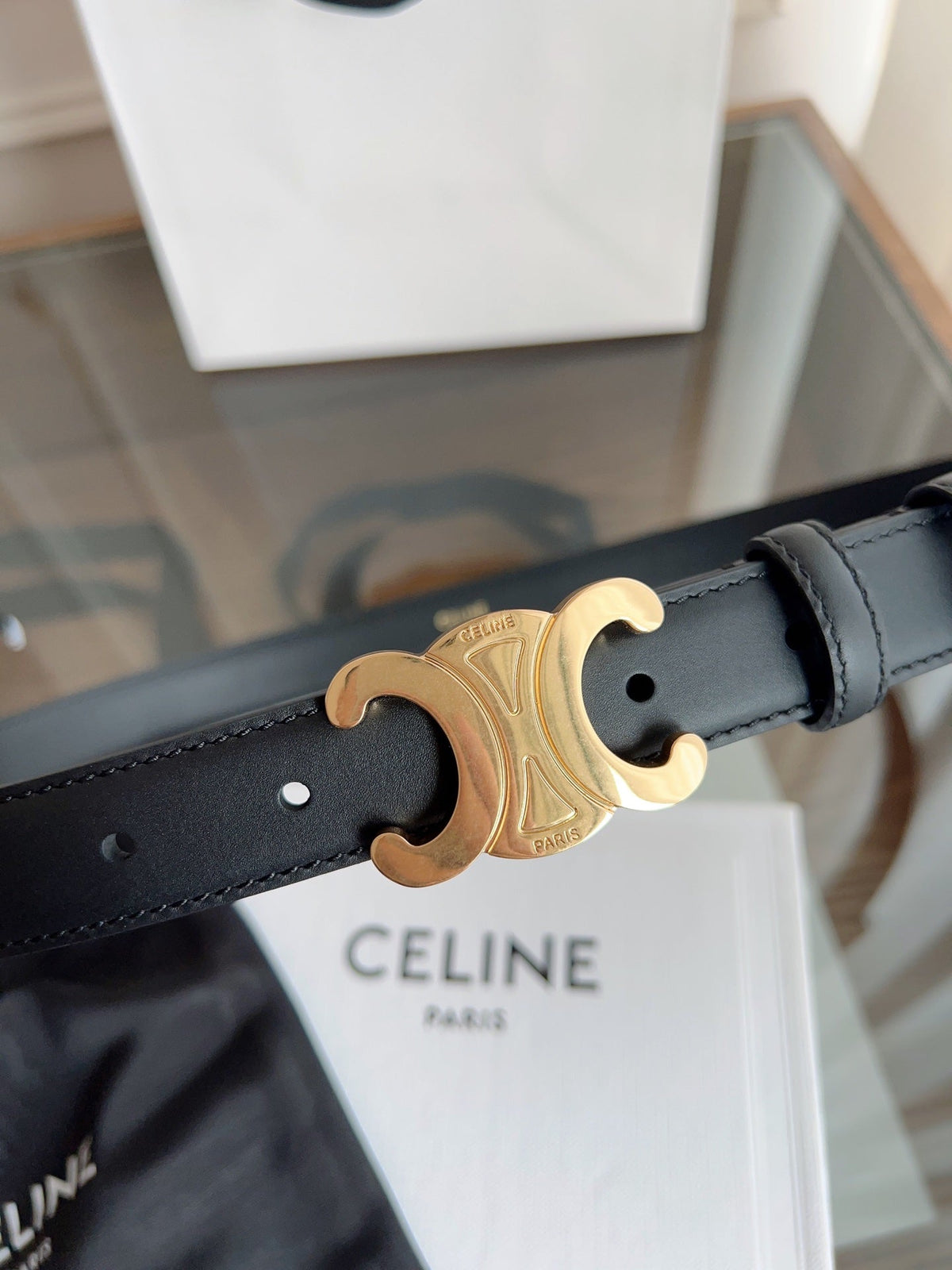 CELINE TRIOMPHE BELT 24MM IN BLACK CALFSKIN WITH GOLD BUCKLE