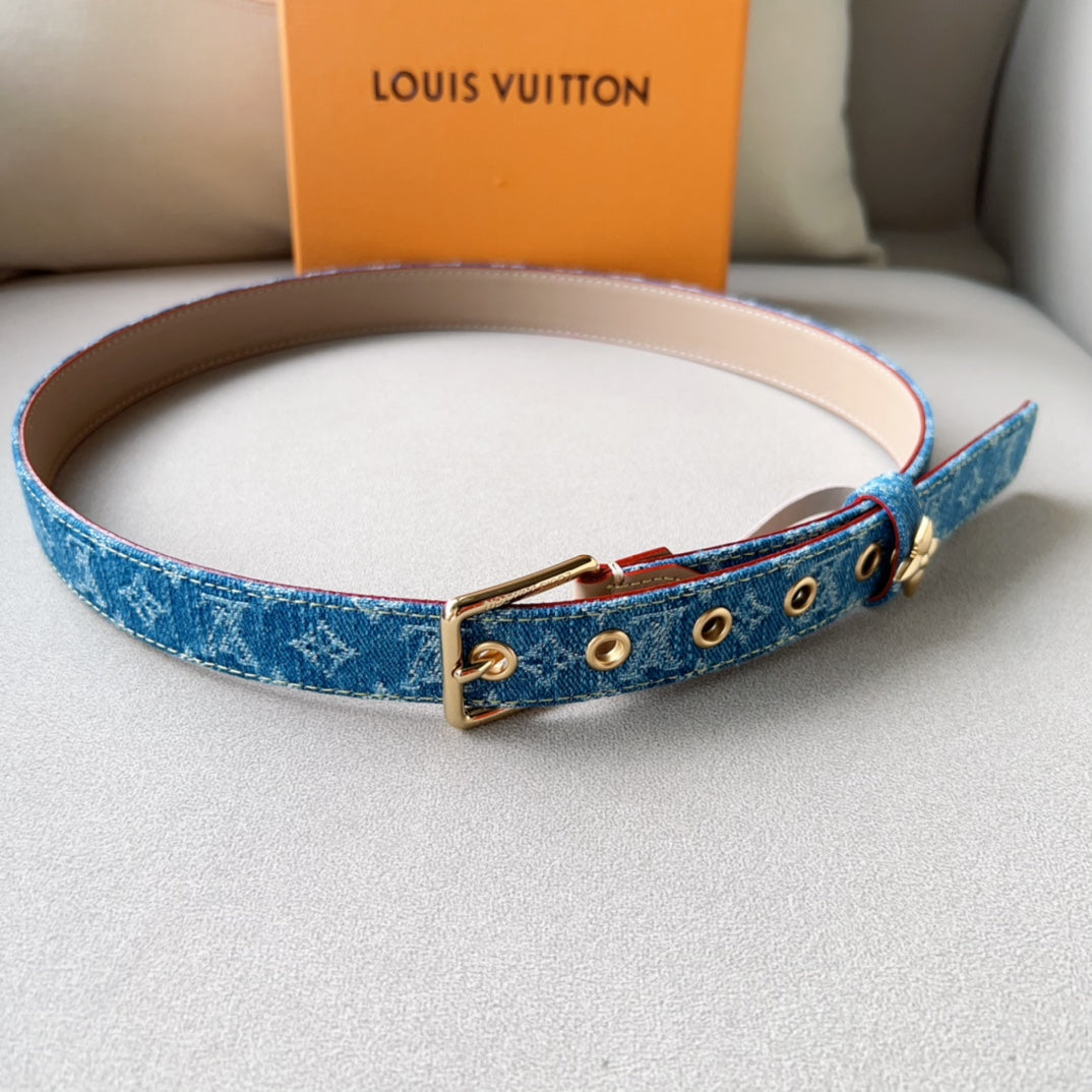 LOUIS VUITTON LV FLOWERGRAM ARDILLON 30MM BELT LIGHT BLUE MONOGRAM DENIM GOLD HARDWARE