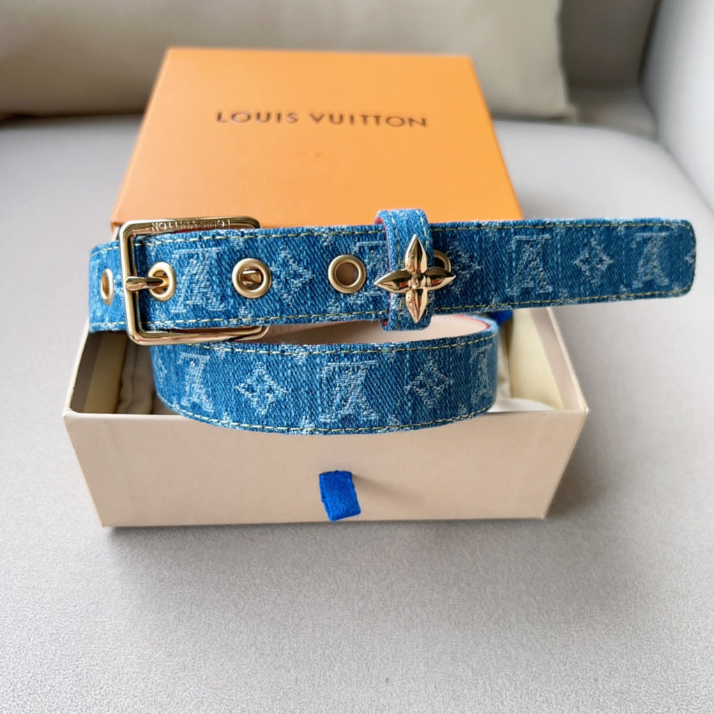 LOUIS VUITTON LV FLOWERGRAM ARDILLON 30MM BELT LIGHT BLUE MONOGRAM DENIM GOLD HARDWARE