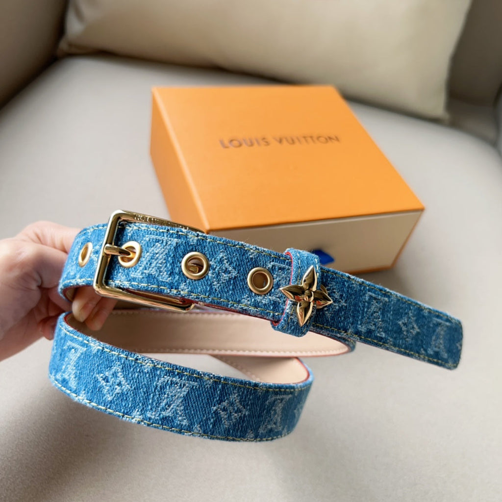 LOUIS VUITTON LV FLOWERGRAM ARDILLON 30MM BELT LIGHT BLUE MONOGRAM DENIM GOLD HARDWARE
