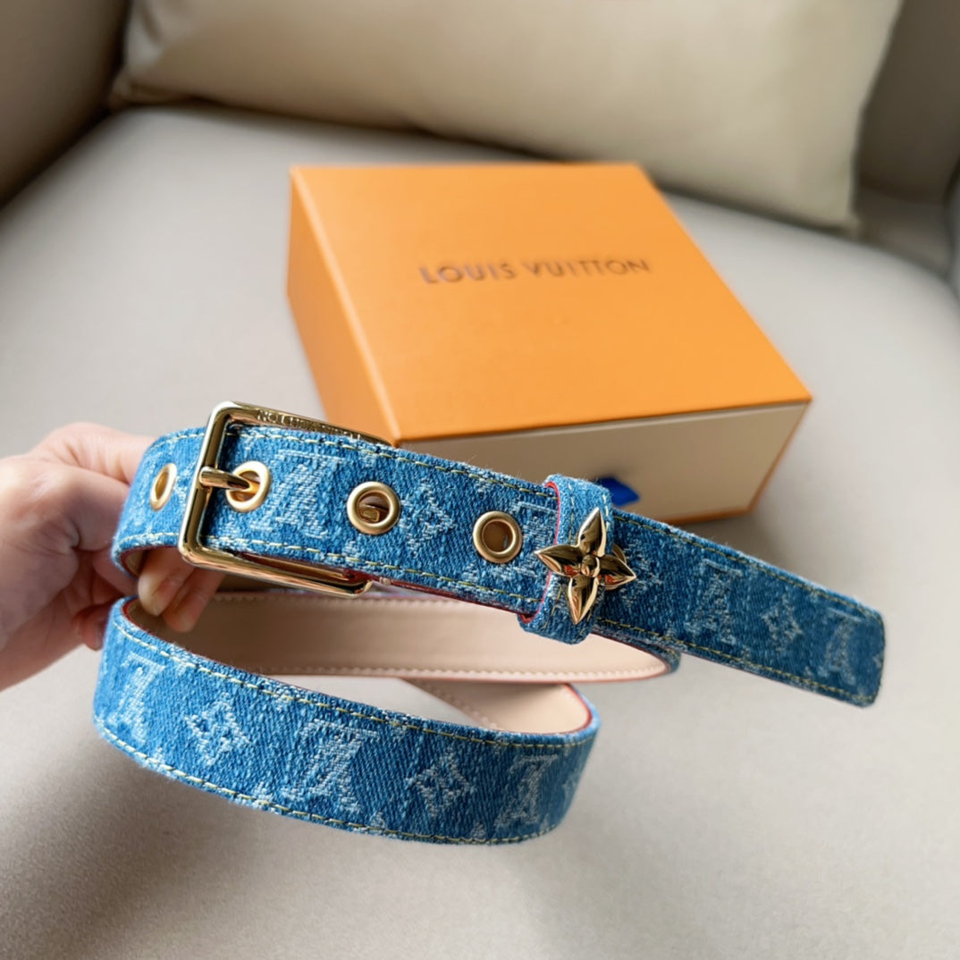 LOUIS VUITTON LV FLOWERGRAM ARDILLON 30MM BELT LIGHT BLUE MONOGRAM DENIM GOLD HARDWARE