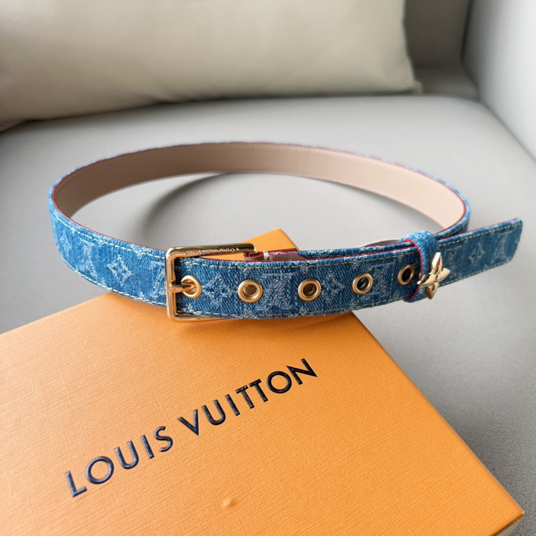 LOUIS VUITTON LV FLOWERGRAM ARDILLON 30MM BELT LIGHT BLUE MONOGRAM DENIM GOLD HARDWARE
