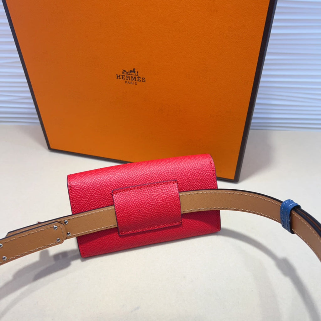 HERMES KELLY CHERRY RED POCKET 18MM BELT NAVY BLUE LEATHER SILVER HARDWARE