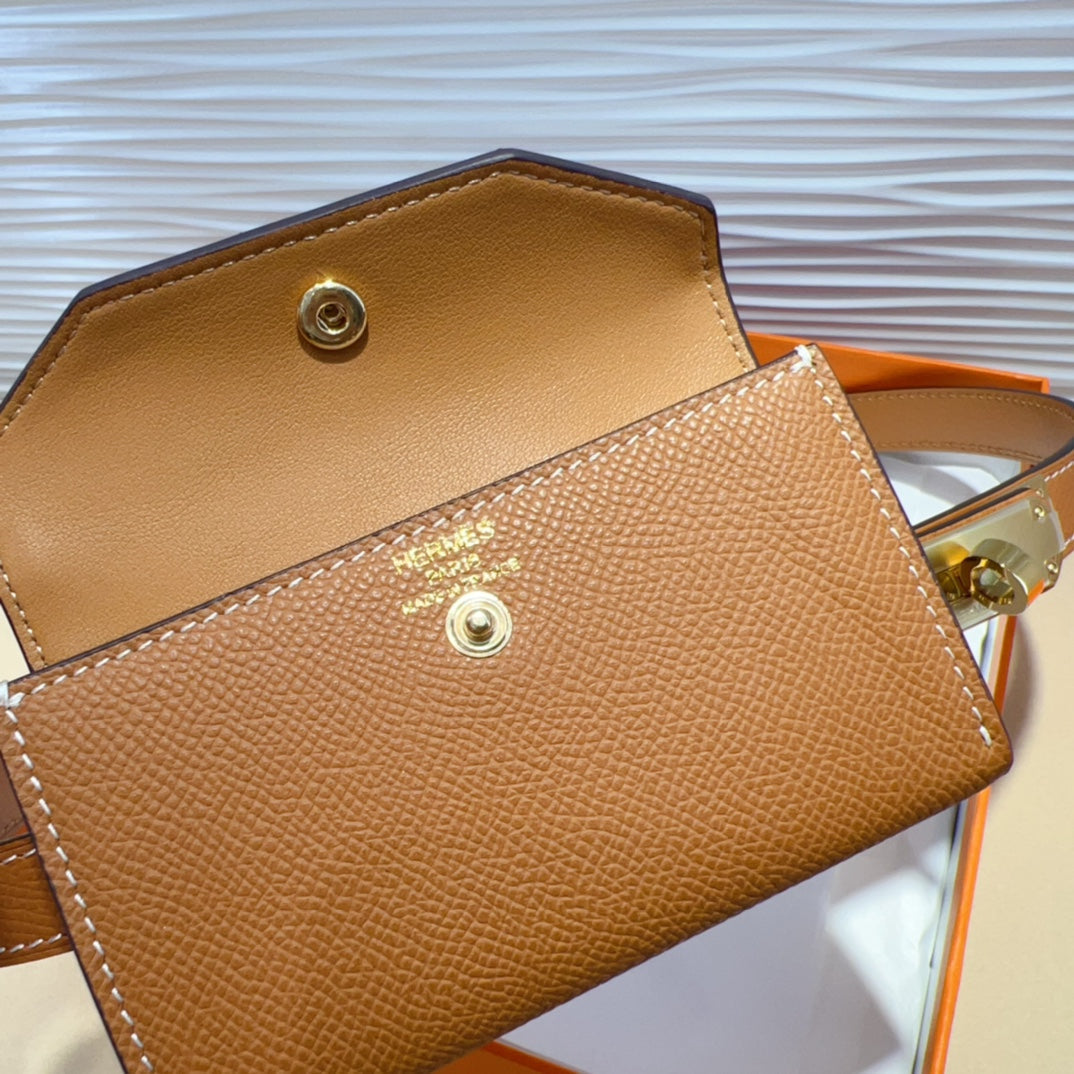 HERMES KELLY POCKET 18MM BELT CINNAMON BROWN LEATHER GOLD HARDWARE