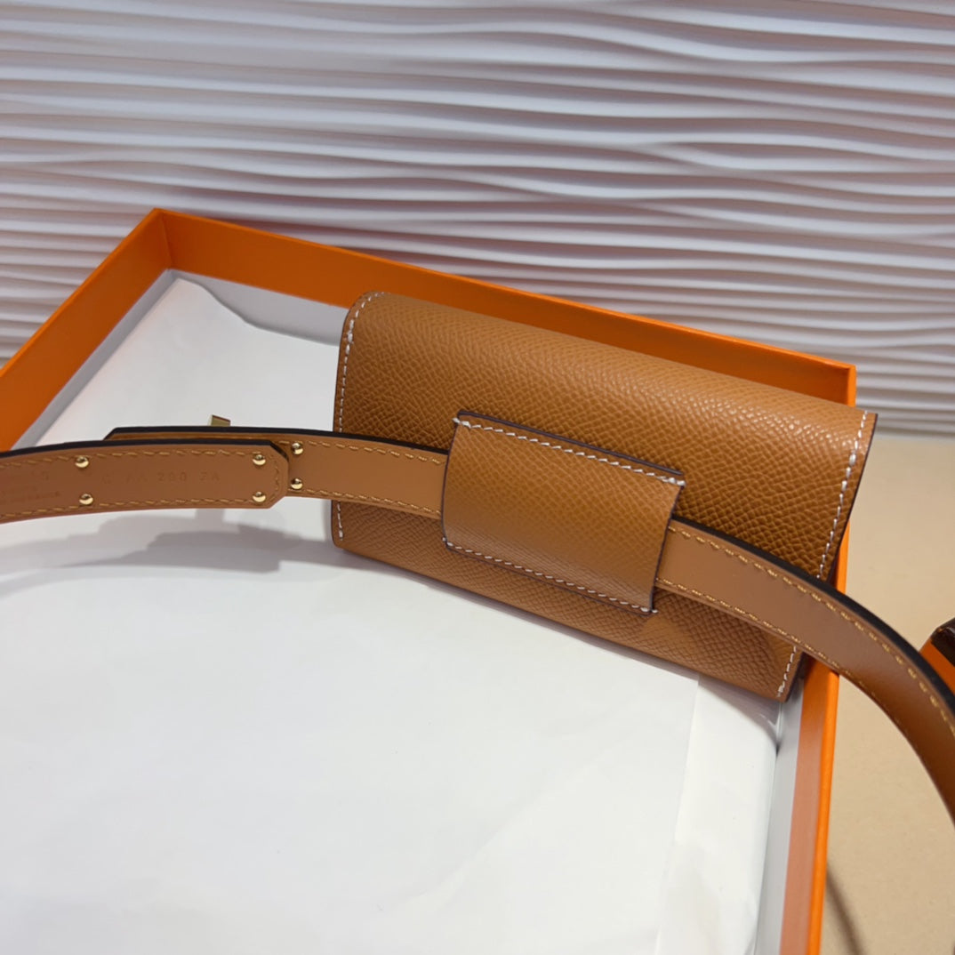 HERMES KELLY POCKET 18MM BELT CINNAMON BROWN LEATHER GOLD HARDWARE
