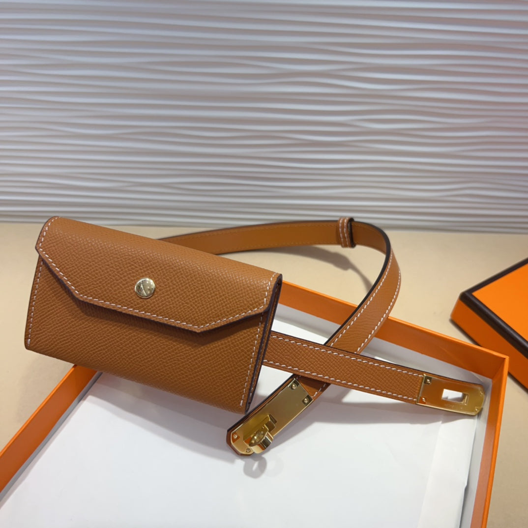 HERMES KELLY POCKET 18MM BELT CINNAMON BROWN LEATHER GOLD HARDWARE