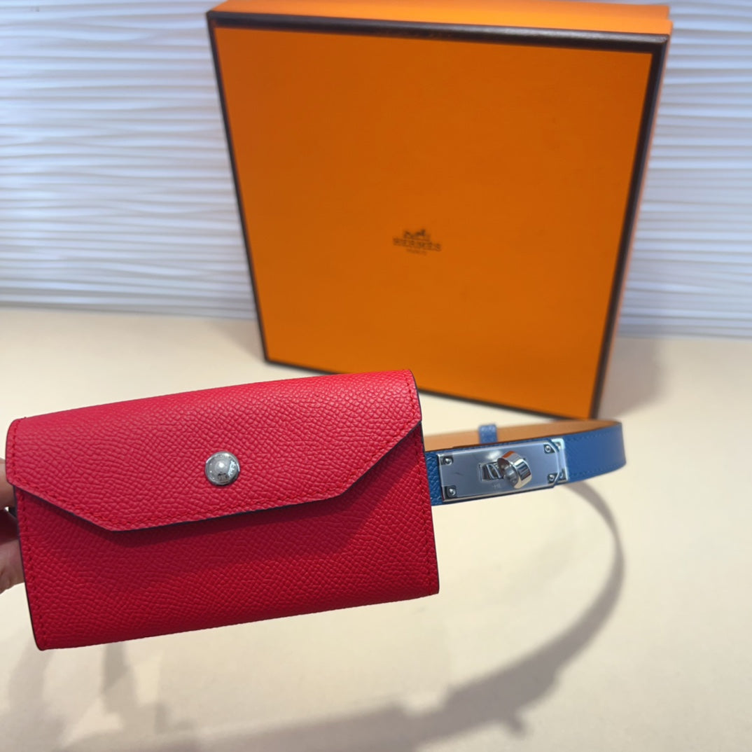 HERMES KELLY CHERRY RED POCKET 18MM BELT NAVY BLUE LEATHER GOLD HARDWARE