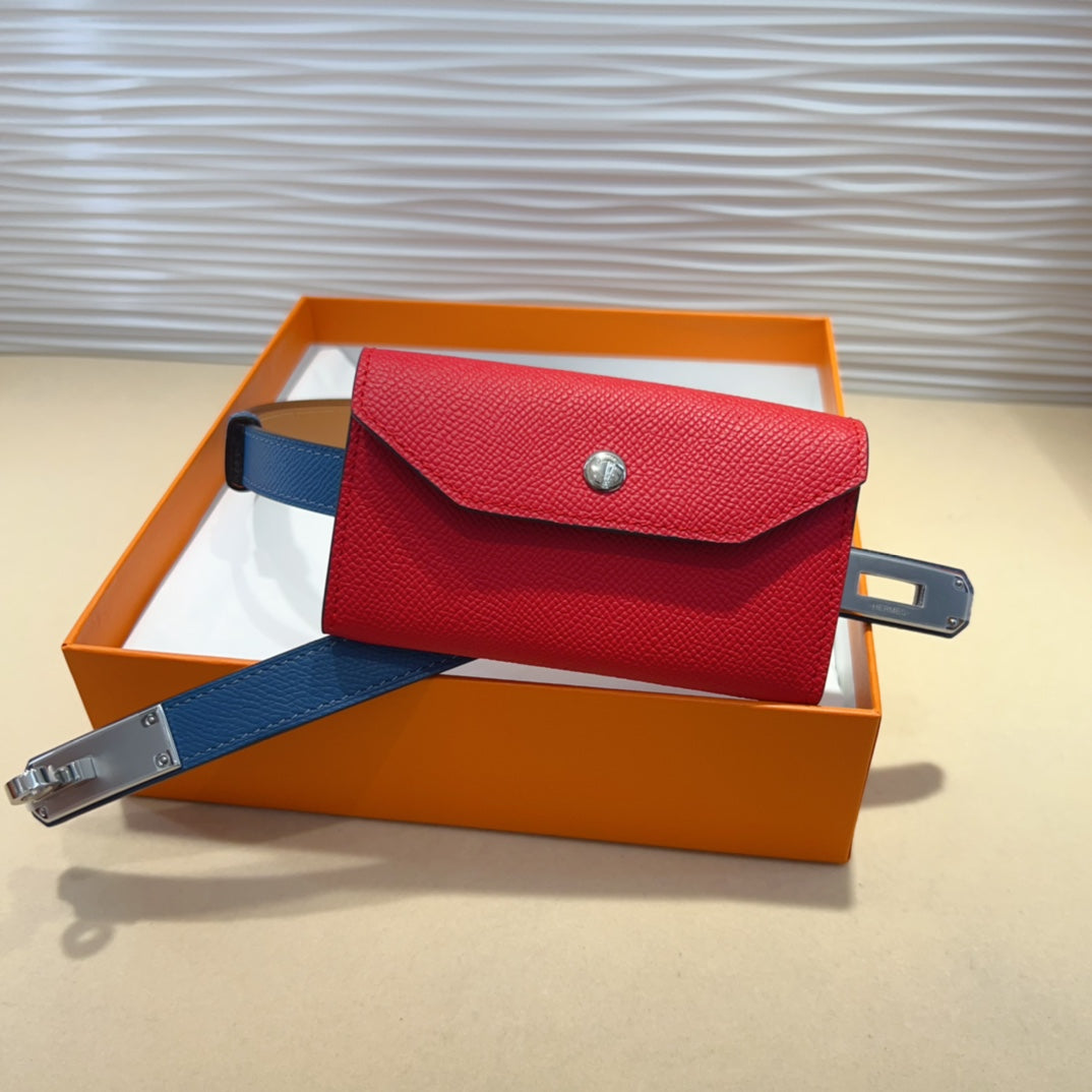 HERMES KELLY CHERRY RED POCKET 18MM BELT NAVY BLUE LEATHER GOLD HARDWARE