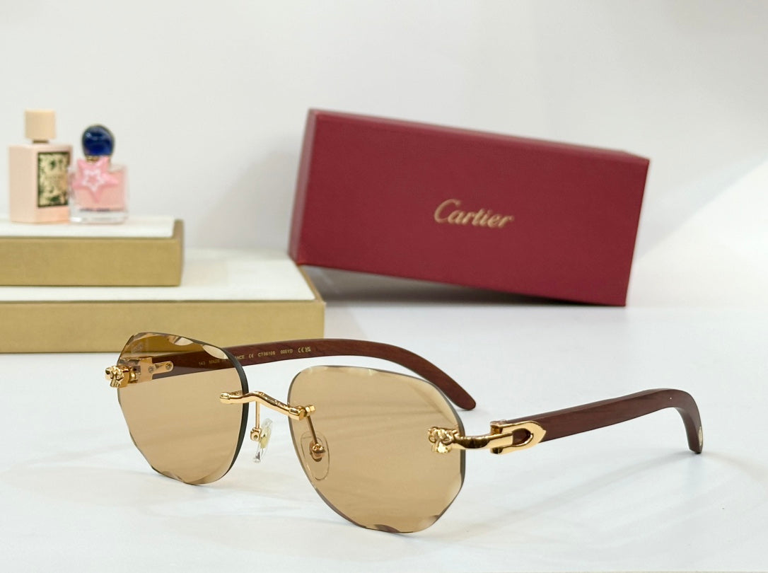 CARTIER RIMLESS GEOMETRIC FRAME SUNGLASSES 547386 IN METAL AND WOODEN