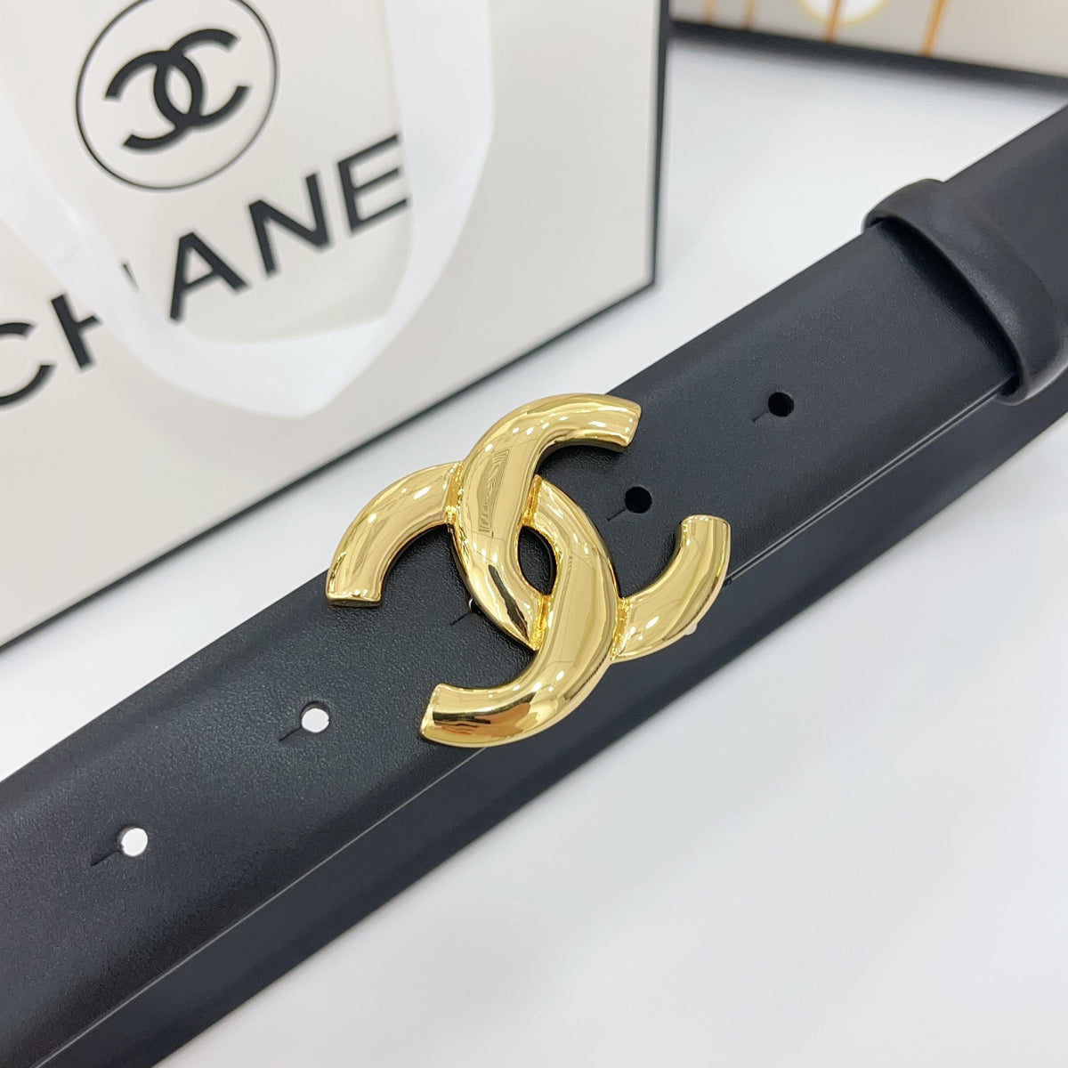 CHANEL DOUBLE C BELT 30MM IN BLACK CALFSKIN WITH SHINY GOLD BUCKLE