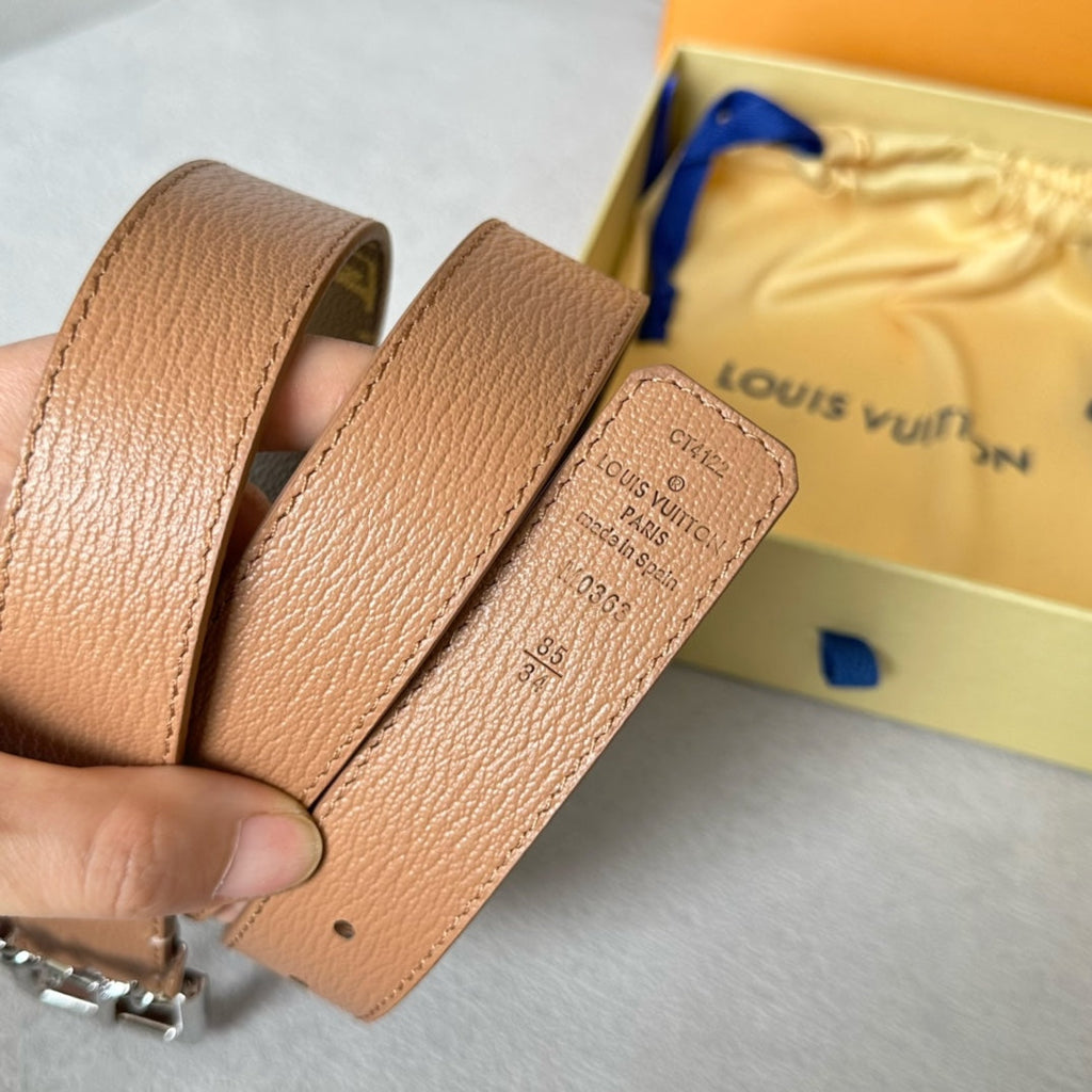 LOUIS VUITTON LV Bloom 30mm Belt Silver Buckle Beige Brown Leather
