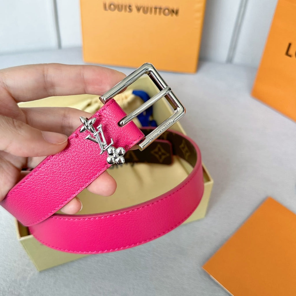 LOUIS VUITTON LV Bloom 30mm Belt Silver Buckle Hot Pink Brown Leather