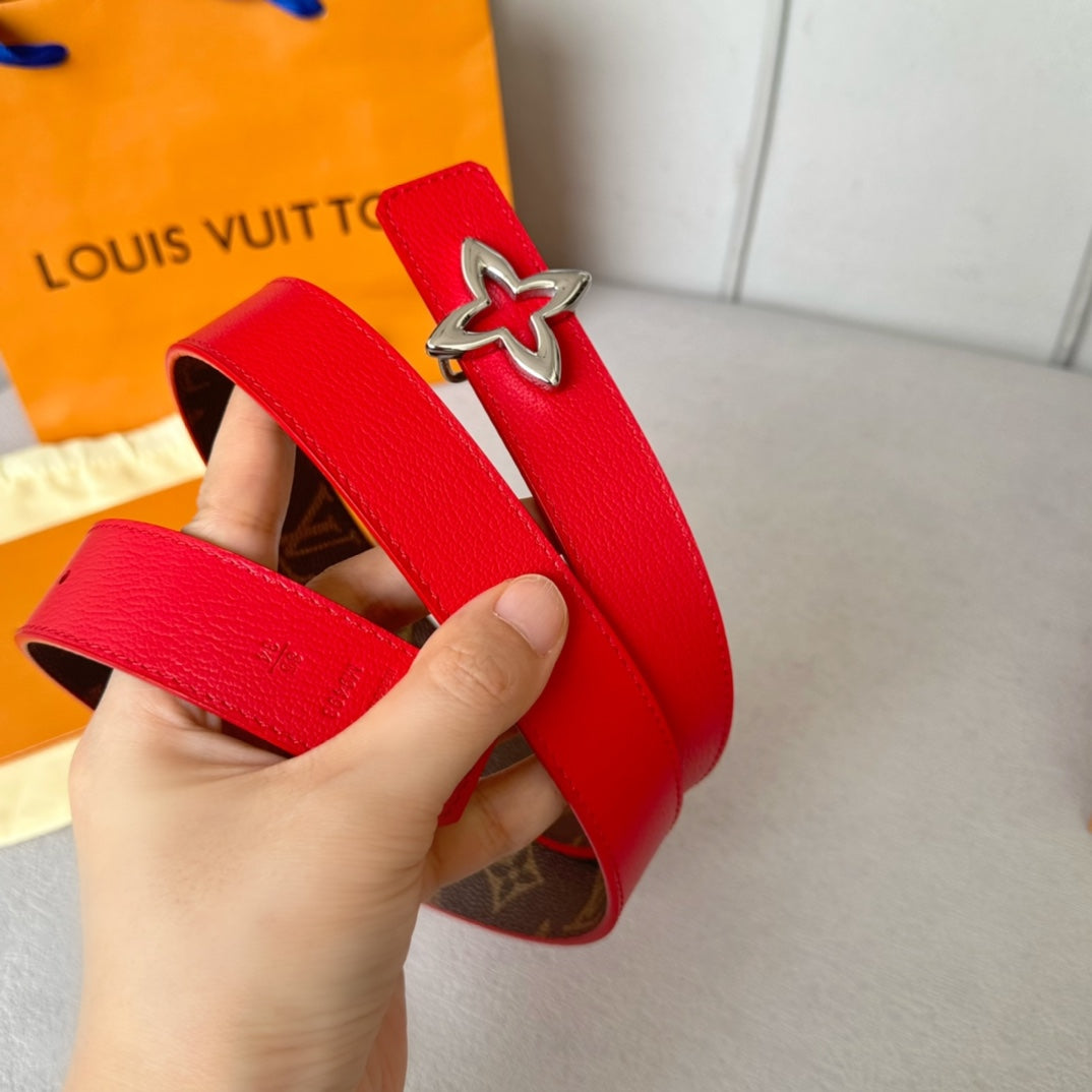 LOUIS VUITTON LV Flowergram 30mm Reversible Belt Silver Buckle Red Brown Leather