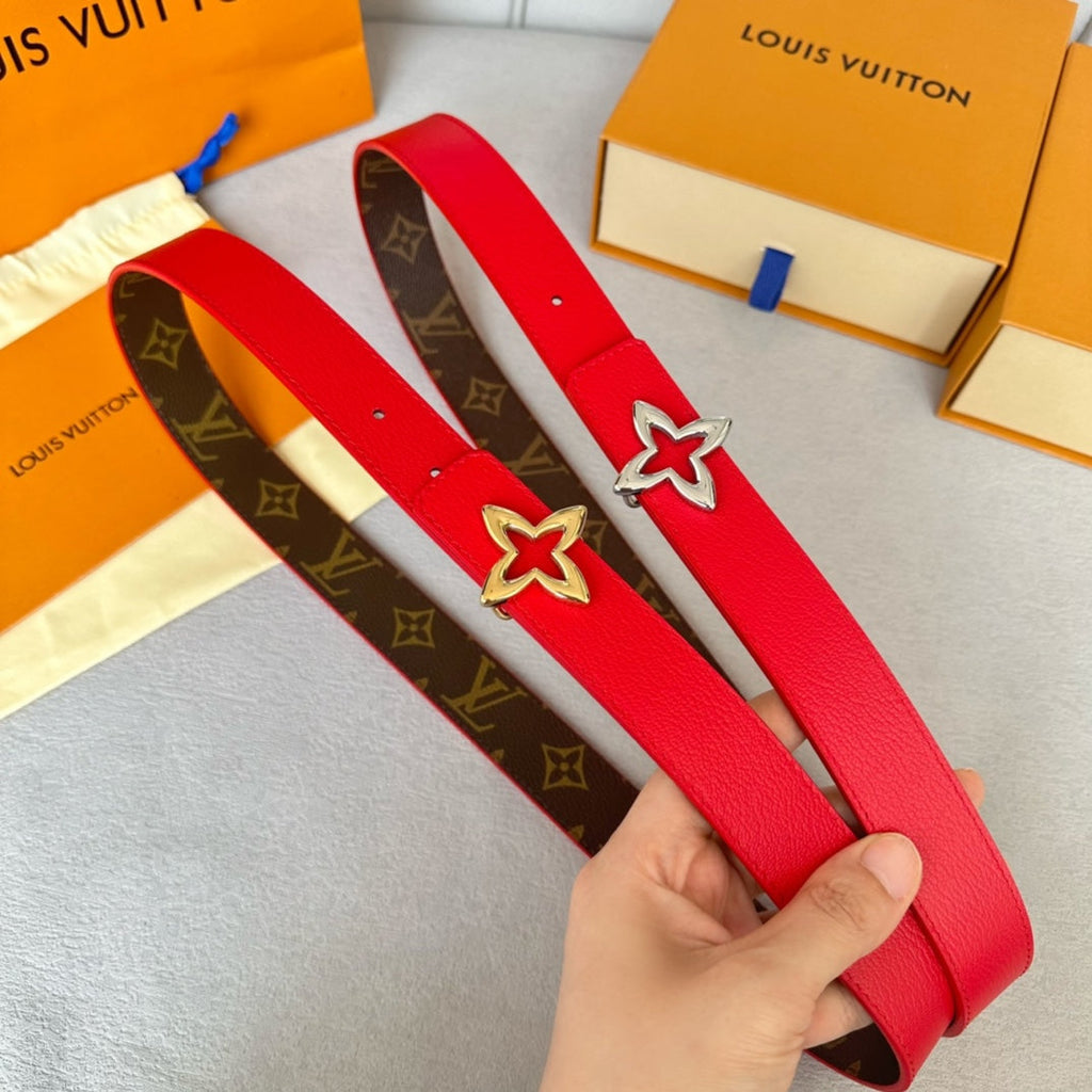 LOUIS VUITTON LV Flowergram 30mm Reversible Belt Silver Buckle Red Brown Leather