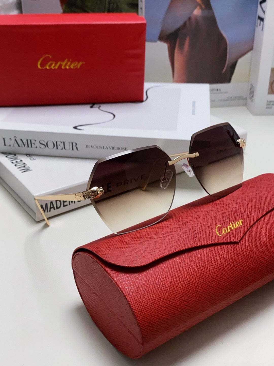 CARTIER PANTHÈRE RIMLESS GEOMETRIC FRAME SUNGLASSES 562061 IN METAL