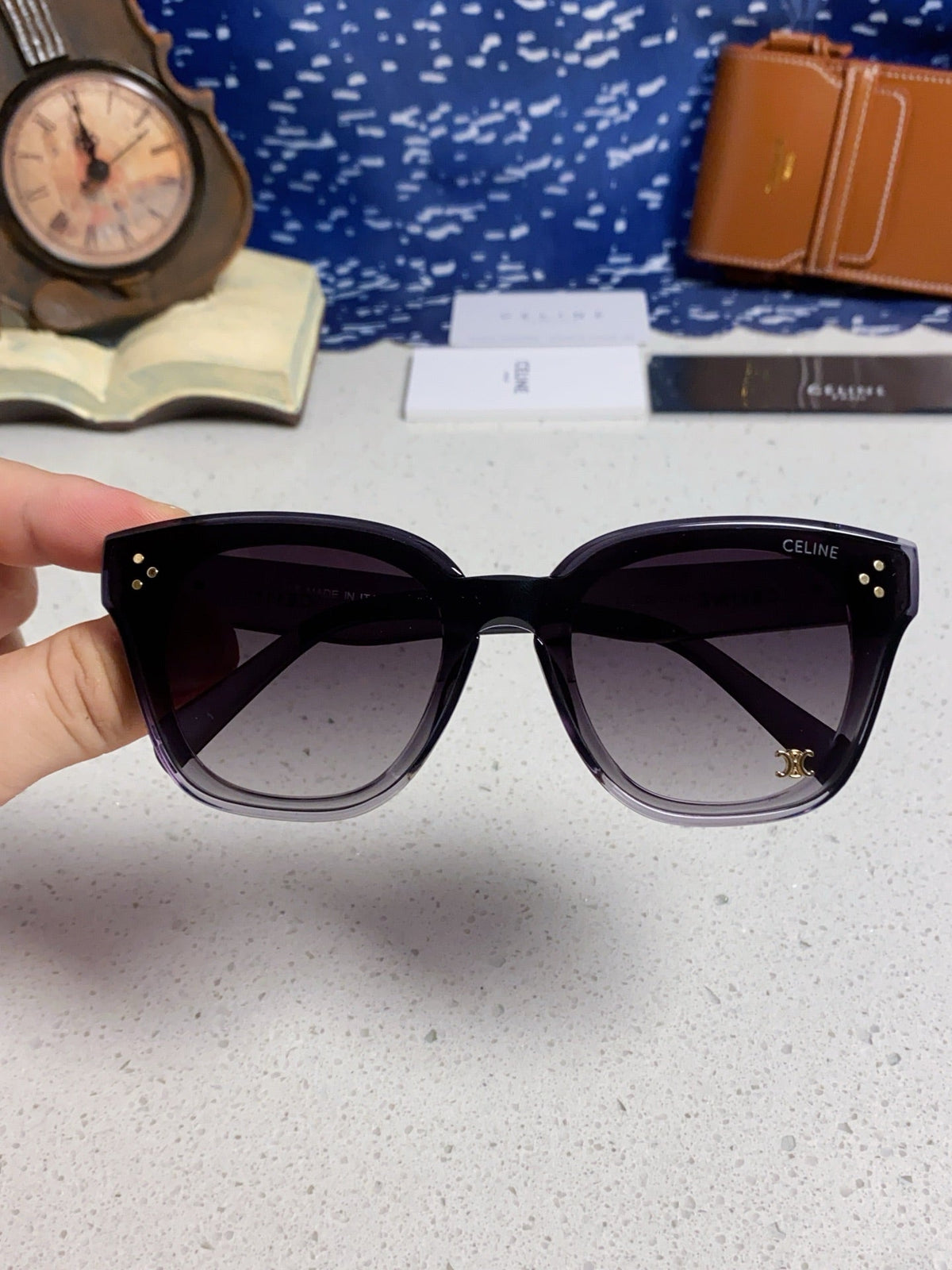CELINE SQUARE SUNGLASSES 575843 IN BLACK ACETATE GRADIENT SMOKE LENSES