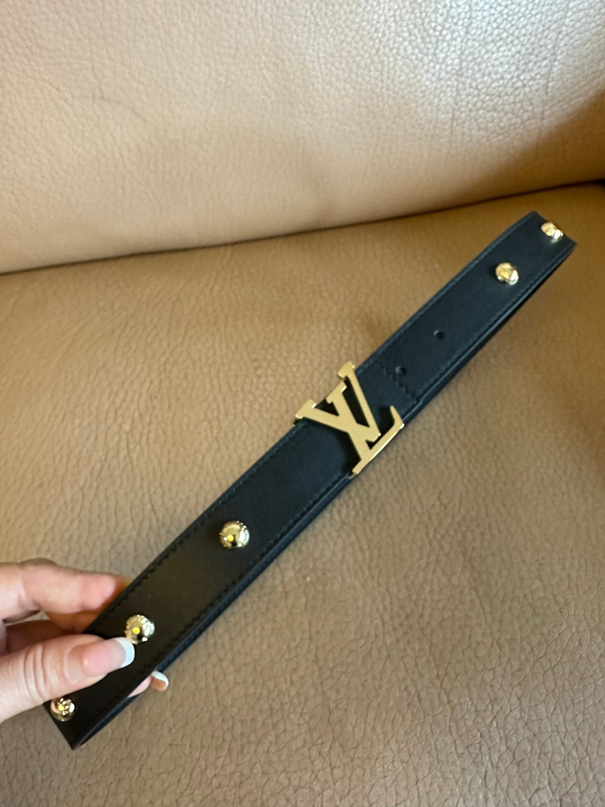 LOUIS VUITTON LV INITIALES STUDS 30 MM REVERSIBLE BELT IN BLACK CALFSKIN GOLD HARDWARE